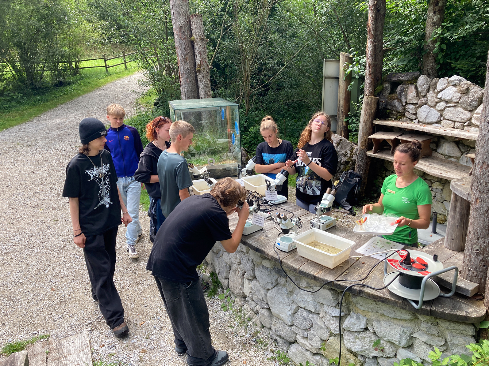 Eine Gruppe von Junior Ranger steht am Mikroskopier-Tisch